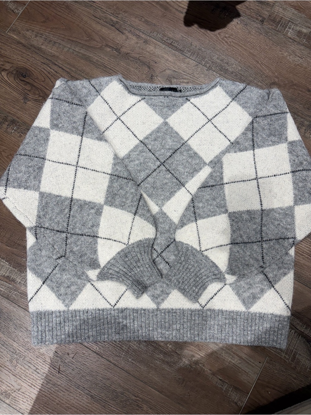Vici Gray and White Argyle Crewneck Sweater